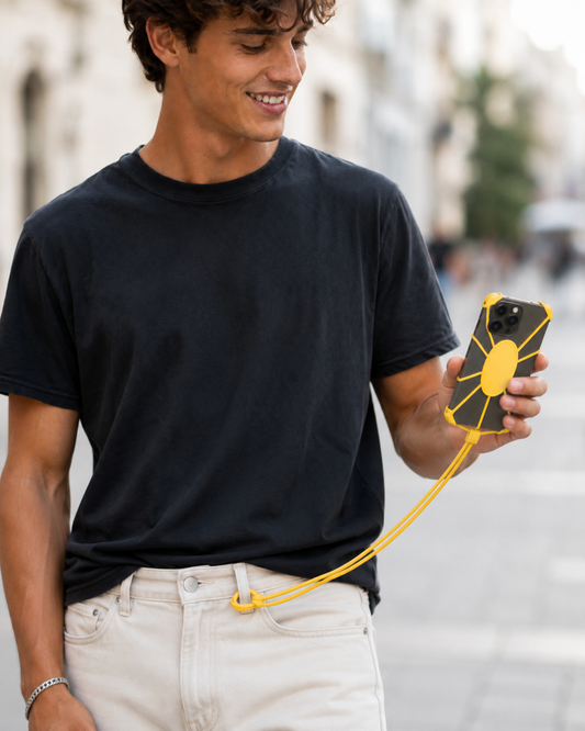 Access Solutions Phone Tether Lanyard, Yellow — Universal Silicone Neck & Belt Strap with Open-Back Corner Grip, Fits iPhone & Samsung 5.4"–6.9"